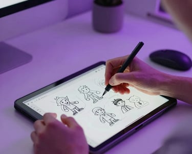 A photograph of a person's hands drawing game character sketches on a digital tablet. Soft purple lighting and a clean North American / Global home office.