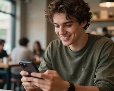 A lifestyle photograph of a young adult in a modern North American / Global cafe environment, smiling while playing a game on their smartphone. High-quality lighting, shallow depth of field.
