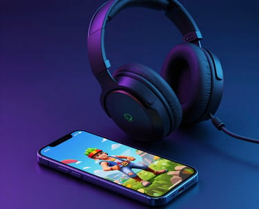A studio photograph of a gaming headset and a smartphone on a dark blue surface. The smartphone displays a vibrant 3D game character. Moody purple and blue lighting.