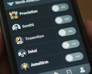 A close-up photograph of a mobile phone screen displaying a polished game settings menu with sleek toggle switches and buttons. North American / Global UI style.