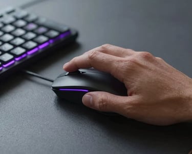 A close-up studio photograph of a person's hand using a mouse and keyboard with glowing purple LEDs. Minimalist North American / Global workspace.