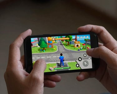 A photograph of a person's hands holding a smartphone horizontally, focusing on the screen where a colorful 3D game environment is being explored.
