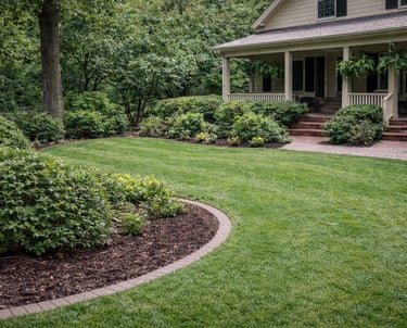 After professional yard clean up service in Garner NC showing freshly mowed lawn, clean landscape