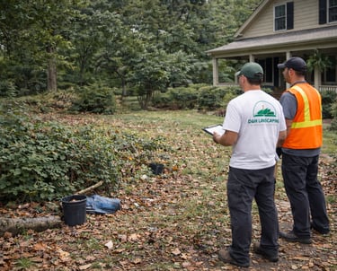 Overgrown residential yard before cleanup with fallen leaves scattered debris and untrimmed shrubs i