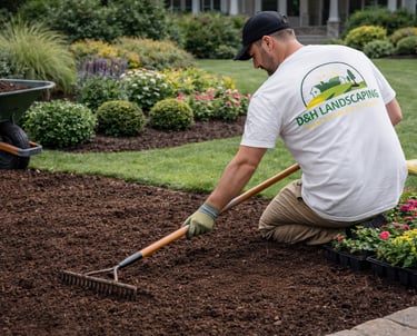 Landscaping professional preparing soil for seeding and planting in the Triangle area of North Carol