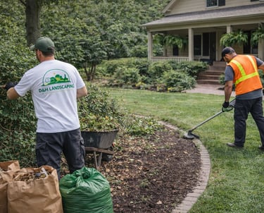 Professional yard cleanup process in the Triangle NC including trimming bushes edging lawn borders a
