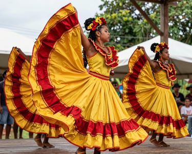 A vibrant outdoor photograph of South American / Brazilian Amazonian dancers in spectacular traditional costumes performing on a wooden stage in Santa Bárbara do Pará. Swirling yellow and carmine red fabrics, dynamic movement, daylight.