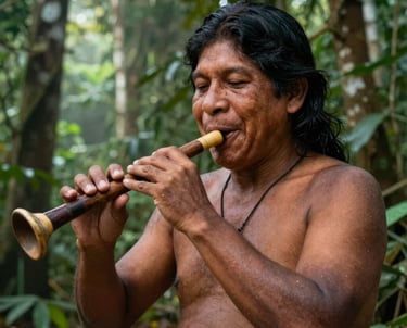 An expressive portrait of a South American / Brazilian Amazonian musician playing a traditional flute with a joyful expression. The background is a lush green forest of Santa Bárbara do Pará with morning sunlight filtering through the canopy.