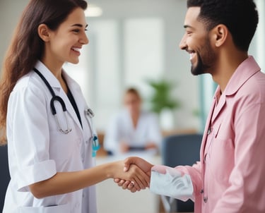 A warm, welcoming healthcare recruiter shaking hands with a smiling nurse in a bright medical office.