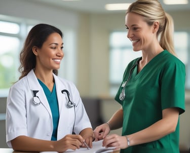 A confident nurse discussing patient care plans with a healthcare administrator in a bright, welcoming facility.