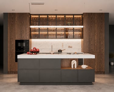 luxury bespoke kitchen with dark wood cabinets