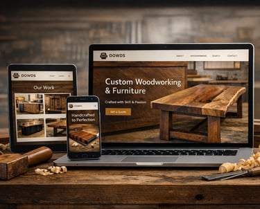 Custom woodworking website displayed on a laptop, tablet, and smartphone in a woodworker workshop.