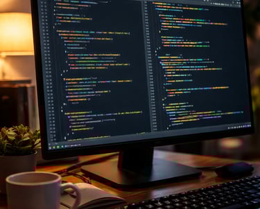 Computer monitor displaying programming code on a desk with a keyboard, coffee mug, and notebook.