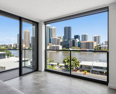 Elegant modern living room bathed in natural light with sophisticated navy and gold accents reflecting Primenest Living's refined style.