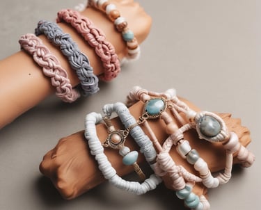 Close-up of a handcrafted macramé necklace with natural Mexican stones on a rustic wooden background