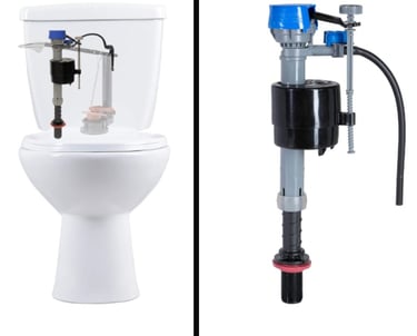 A collage showing a toilet fill valve and where its located in the tank.