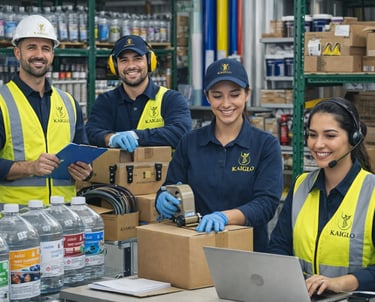 Equipo de logística de almacén con equipo de seguridad procesando el inventario y empacando las caja