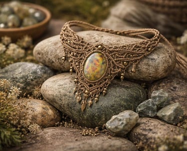 Collar de macramé sobre rocas, hecho a mano con piedra de tigre