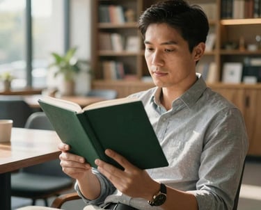 A strategy lead sitting in a sunlit modern office, holding a dark forest green notebook, with a blurred background of a cozy restaurant-style library.