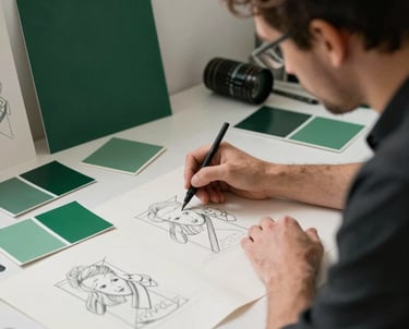 A creative director in a professional studio, surrounded by book cover sketches on crisp parchment paper and matte forest green color swatches.