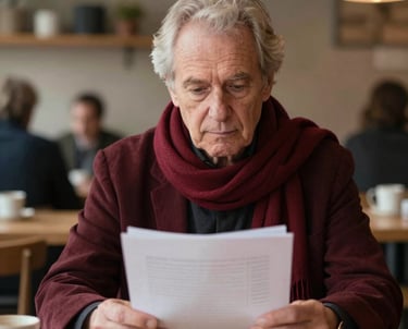 Portrait of a senior editor in a Scandinavian-style cafe, wearing a deep ripe crimson scarf, looking thoughtfully at a manuscript with soft, warm lighting.