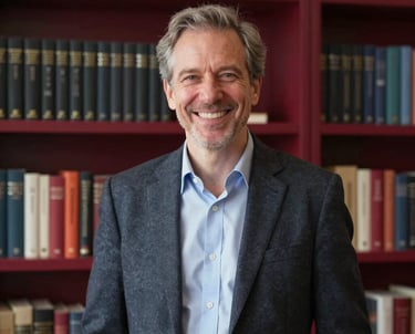 An author relations manager smiling warmly, standing in a bright office with deep ripe crimson accents and shelves of elegantly published books.