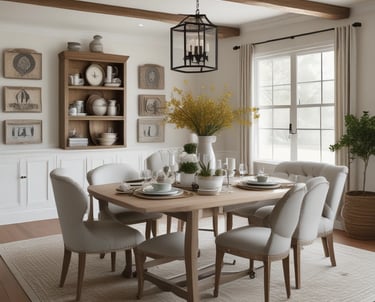 Modern farmhouse dining room with neutral tones, wood furniture and simple table style 