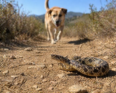 Dog approaching rattlesnake. 