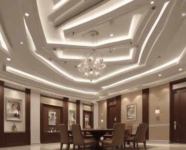 A cozy living room featuring a stylish false ceiling, wooden flooring, and a custom TV unit that blends modern design with comfort.