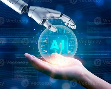 a robot hand holding a glass ball with a hand holding it