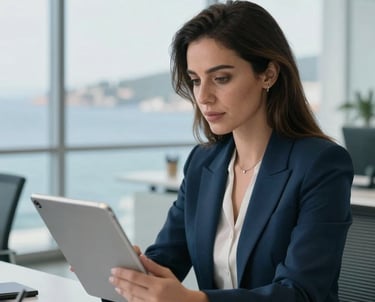 A portrait of a professional woman looking at a tablet in a bright office in Bodrum. Muted blue and white office decor. Turkish / Aegean Coast.