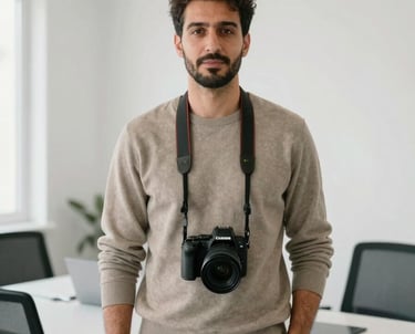 Portrait of a man with a professional camera around his neck standing in a minimalist white-walled office in Bodrum. Modern attire. Turkish / Aegean Coast.