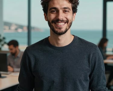 Portrait of a creative team member smiling in a modern Bodrum office space. Soft teal background. Turkish / Aegean Coast.