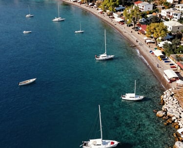Aerial photo of the Bodrum shoreline with crystal clear water and local boats. Professional drone photography. Turkish / Aegean Coast.