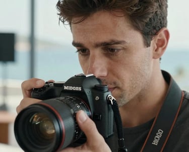 A close-up portrait of a creative professional using a camera, blurred modern studio background in Bodrum. Soft natural light. Turkish / Aegean Coast.