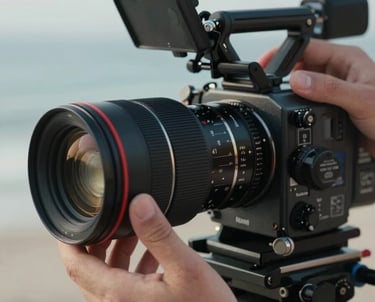 A close-up of hands adjusting a professional lens on a high-end cinema camera. Soft studio lighting. Turkish / Aegean Coast.