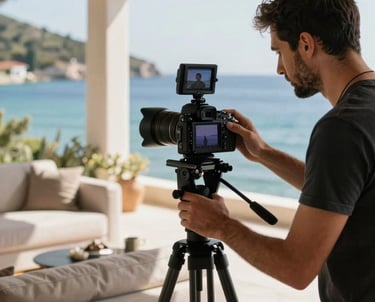 A man looking at a professional camera screen on a tripod in a sun-drenched coastal villa living room. Professional equipment. Turkish / Aegean Coast.
