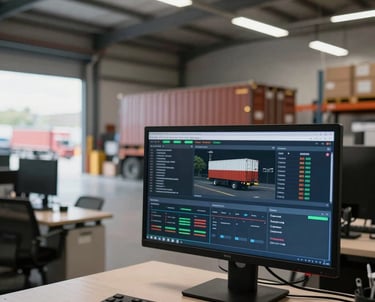 A modern warehouse office overlooking a busy loading dock in the US. A digital dashboard is visible on a monitor in the foreground, displaying shipping logistics data. Professional corporate photography.