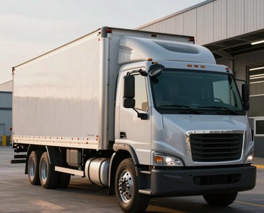 A refrigerated transport truck parked at a modern distribution center in North America. The truck is silver and gray, fitting the brand palette. Morning sunlight creates a sense of efficiency.