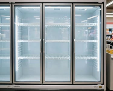 A professional interior shot of a modern, clean supermarket freezer section in the US. The glass doors are clear and frost-free, reflecting a soft blue light. Symmetrical composition.