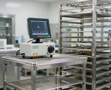 A sleek, industrial bakery environment in North America. Professional stainless steel cooling racks and high-tech monitoring equipment are visible. Bright, clean, professional lighting.