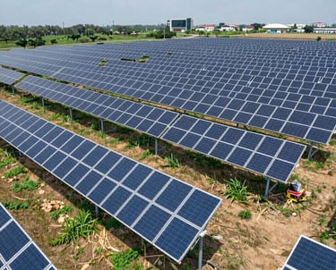 Technicians installing solar panels on a residential rooftop under clear sunny skies