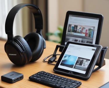 A close-up of sleek mobile accessories including chargers and cases arranged on a wooden table.