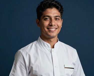 Portrait of a hospitality professional in elegant, minimalist attire, set against a deep navy blue background. South American / Brazilian context, soft professional lighting, sophisticated and welcoming expression.