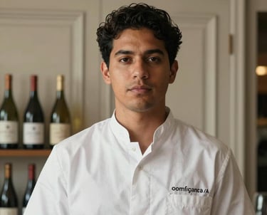 Portrait of a professional beverage specialist, South American / Brazilian, with a background of elegant cabinetry in a sophisticated setting. Soft lighting highlights a sense of expertise and calm.