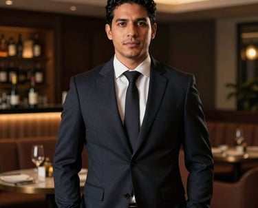 Portrait of a sophisticated sommelier in a professional dark suit, South American / Brazilian, standing in a refined lounge environment. Lighting is warm and focused, with deep navy shadows.