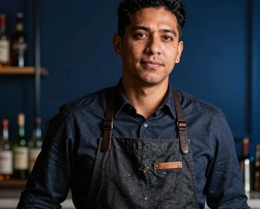Professional portrait of a master mixologist in a smart dark apron, South American / Brazilian, focused and refined, with a backdrop of soft midnight blue lighting in a high-end bar setting.