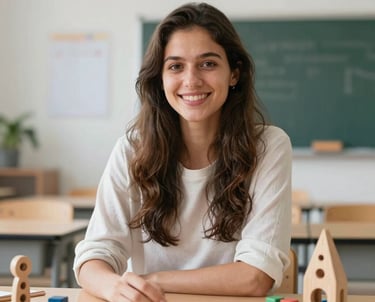 Portrait of a young, energetic French educator in a modern classroom. She is smiling, surrounded by high-quality wooden toys. The setting is clean and high-end.