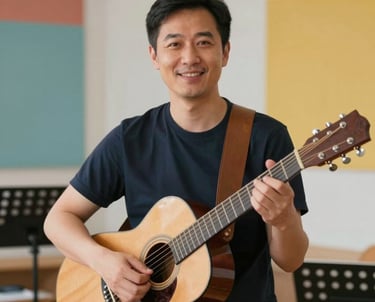 Portrait of a male music teacher holding a small acoustic guitar. He has a friendly, professional expression. The background is a modern music room with brand colors visible in the details.