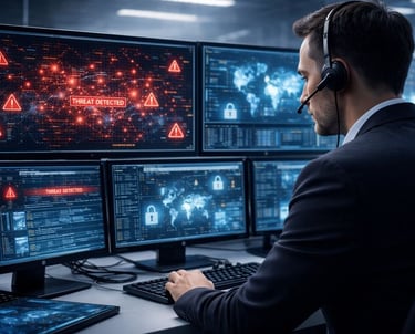 Colaborador olhando para monitores de monitoração de cibersegurança com alerta de ameaça detectado.